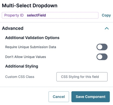 A static image displaying the Mutli-Select Dropdown component's Advanced settings.