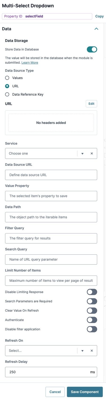 A static image displaying the Mutli-Select Dropdown component's Data settings.