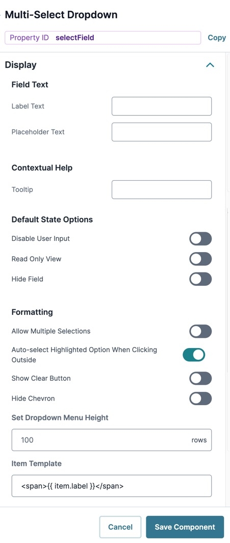 A static image displaying the Mutli-Select Dropdown component's Display settings.