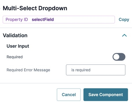 A static image displaying the Mutli-Select Dropdown component's Validation settings.