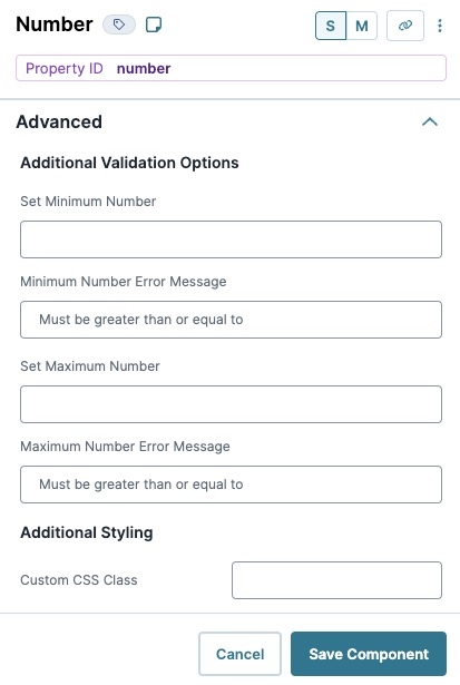 A static image displaying the UDesigner Number component's Advanced settings.
