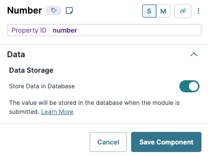 A static image displaying the UDesigner Number Component's Data Storage setting.