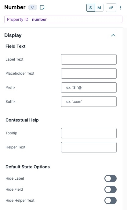 A static image displaying the Number component's Field Text display options, including Contextual Help, and Default State.