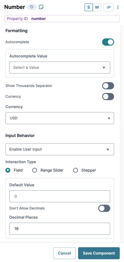 A static image displaying the UDesigner Number Component's Formatting settings.