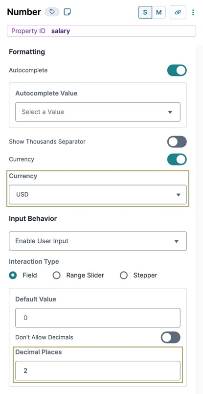 Static image showing the UDesigner Number component's Property ID, Label Text, Currency, and Decimal Places configuration settings.