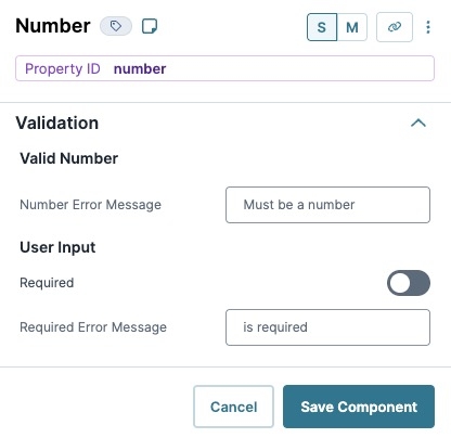 A static image displaying the UDesigner Number Component's Validation settings.