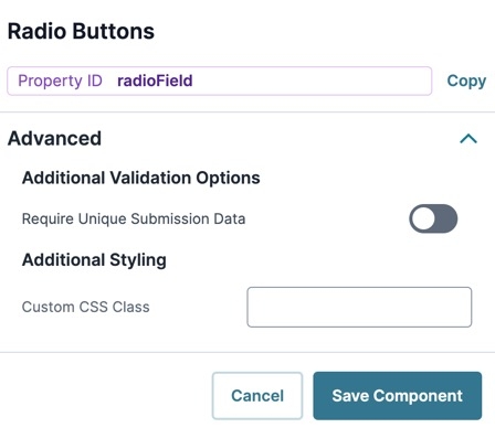 A static image displaying the Radio Button's Advanced settings.