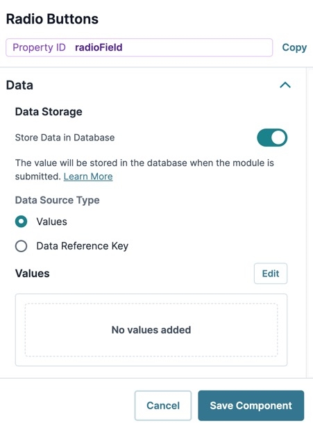 A static image displaying the Radio Button's Data settings.