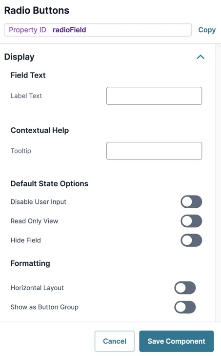 A static image displaying the Radio Buttons component's Display settings.