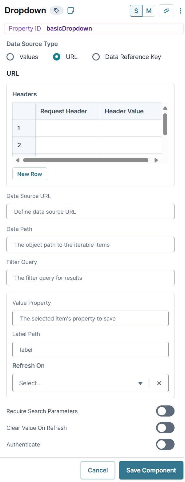 A static image displaying the Udesigner Dropdown component's URL Data Source Type.