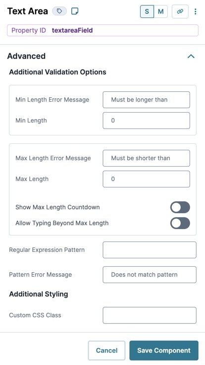 A static image displaying the Text Area component's Advanced settings.
