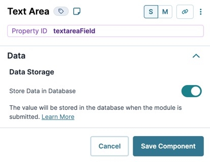 A static image displaying the Text Area component's Data settings.
