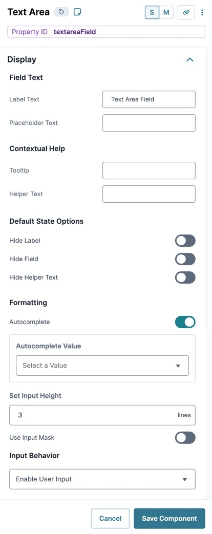 A static image displaying the Text Area component's Display settings.