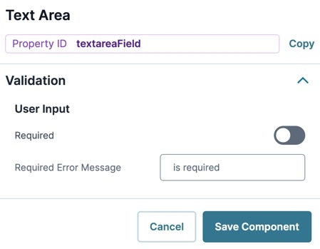 A static image displaying the Text Area Validations settings.