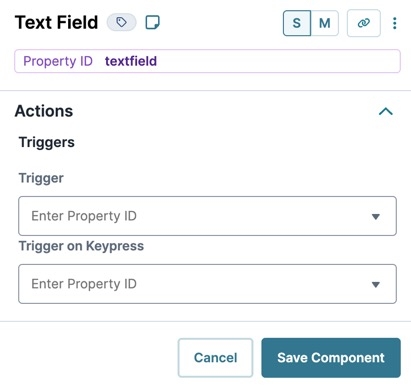 A static image displaying the UDesigner Text Field component's Triggers settings.