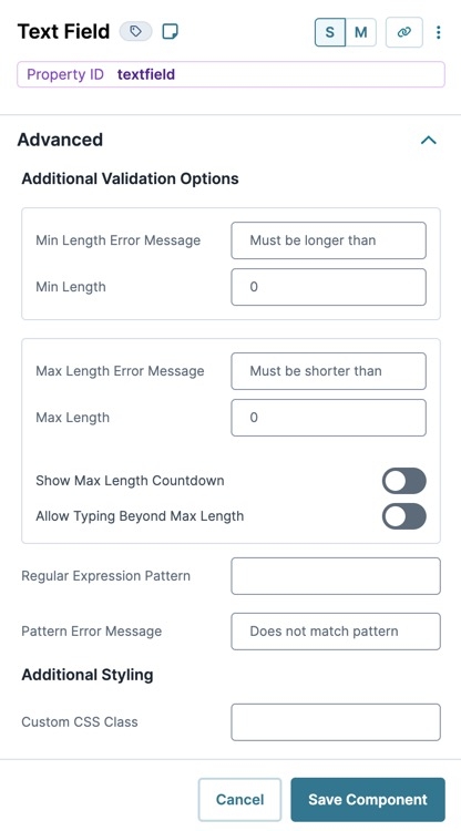 A static image displaying the Udesigner Text Field's Additional Validation Options Settings.