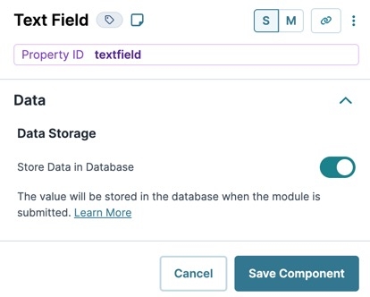 A static image dispaying the Text Field component's UDesigner Data settings.