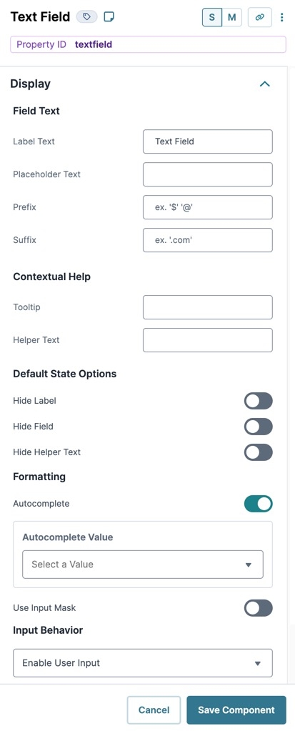 A static image displaying the UDesigner Text Field Component's Display Field Text settings.