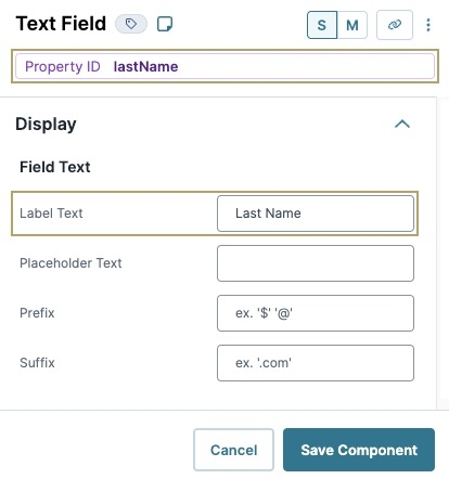 A static image displaying the UDesigner Text Field component configuration window, the Property ID and Label Text fields are highlighted.