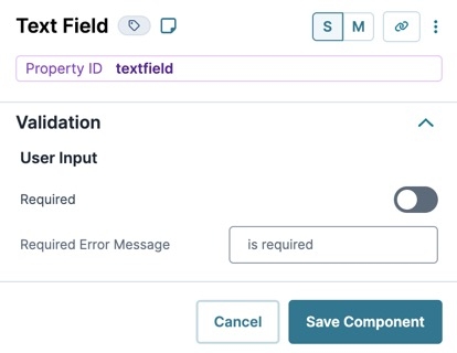 A static image displaying the UDesigner Text Field component's User Input settings.