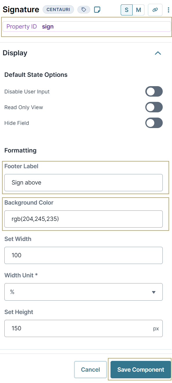 A static image displaying the Signature component's configuration window, the Footer Label and Background Color fields are highlighted.