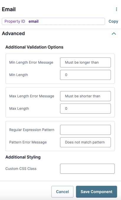 A static image displaying the Udesigner Email component's Advanced settings.