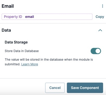 A static image displaying the Udesigner Email component's Data Storage setting.