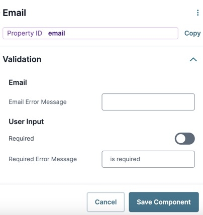 A static image displaying the Udesigner Email component's Validation settings.