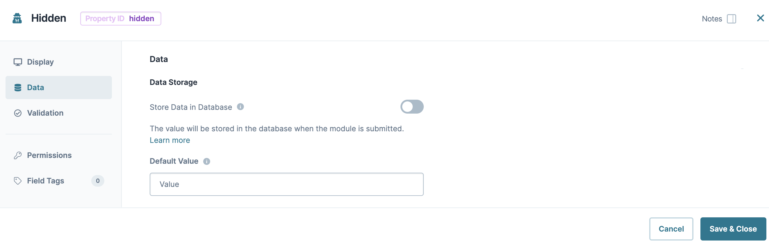 A static image dispaying the Hidden component's Data settings.