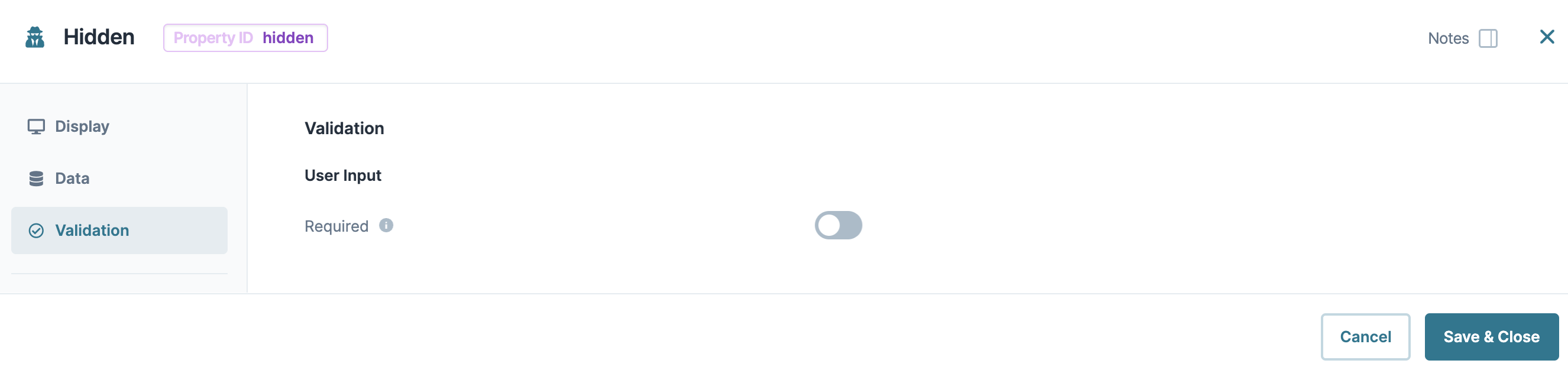 A static image dispaying the Hidden component's Validation settings.