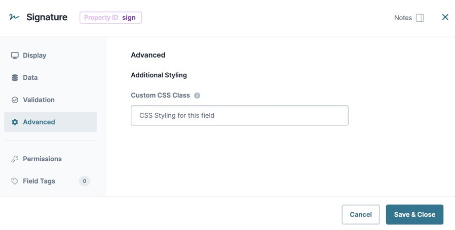 The Signature component's Advanced Settings.