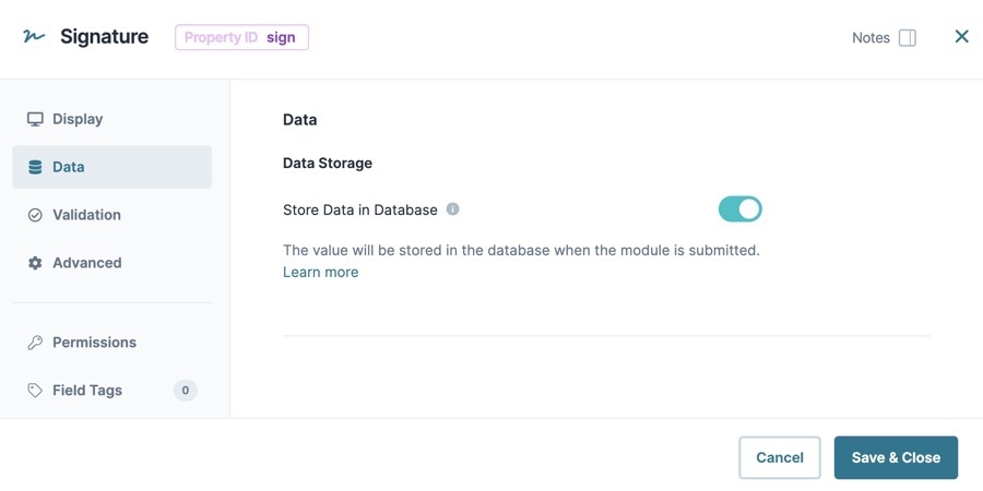 A static image displaying the Signature component's Data settings.
