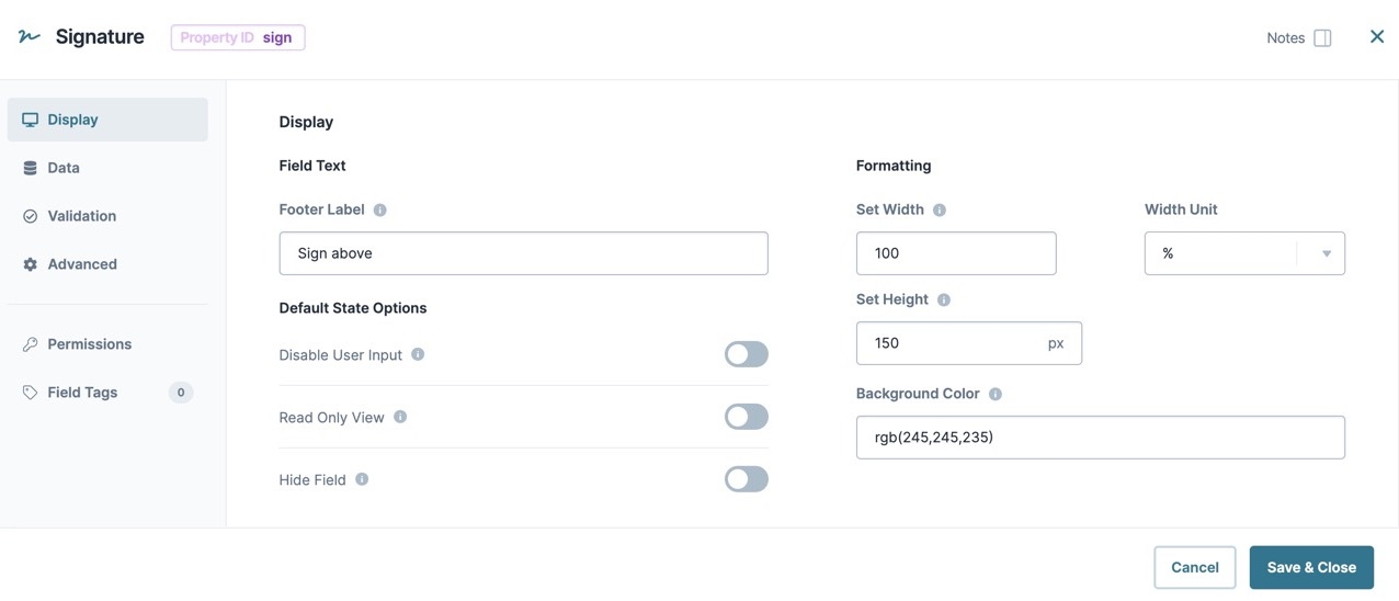 A static image displaying the Signature Component's Display settings.
