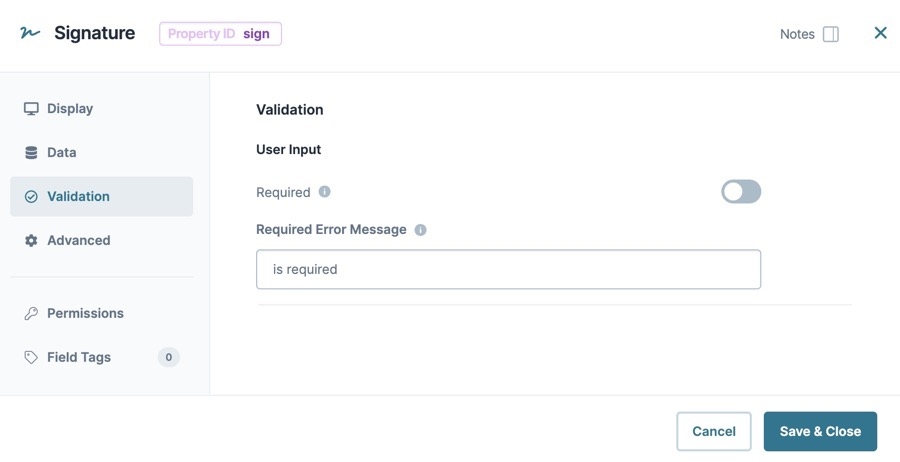 A static image displaying the Signature Component's Validation Settings.
