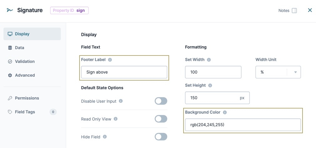 A static image displaying the Signature component's configuration window, the Footer Label and Background Color fields are highlighted.