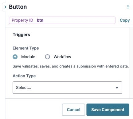 A static image displaying the UDesigner Button component's Trigger settings for modules.