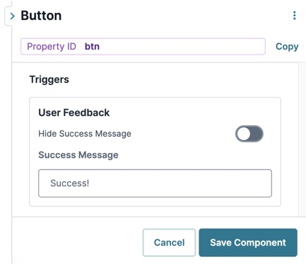 A static image displaying the UDesigner Button component's User Feeback settings.
