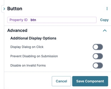A static image displaying the UDesigner Button component's Additional setting options.