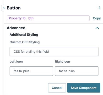 A static image displaying the UDesigner Button component's Additional Style settings.