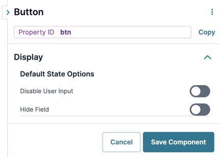 A static image displaying the UDesigner Button component's Default State Options settings.