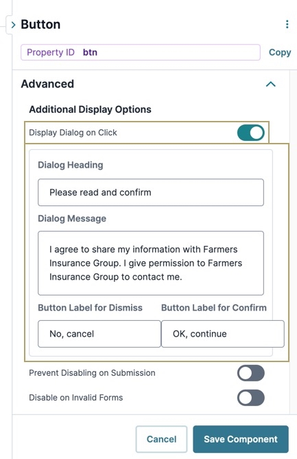 A static image displayign the Button component's Additional Display Options settings.
