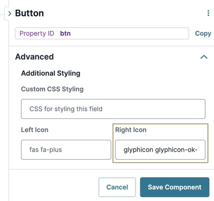 A static image displaying the Button component's Right Icon settings.