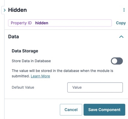A static image displaying the UDesigner Hidden Component's Data Storage settings.