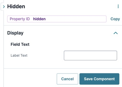 A static image displaying the UDesigner Hidden component's Field Text settings.