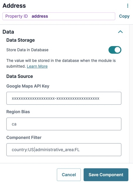 A static image displaying the Address component's Data settings.