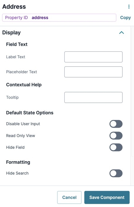A static image displaying the Address component's Display settings.