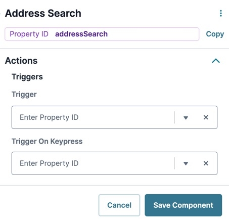 A static image displaying the Address Search component's Actions settings.