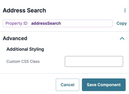 A static image displaying the Address Search component's Advanced settings.