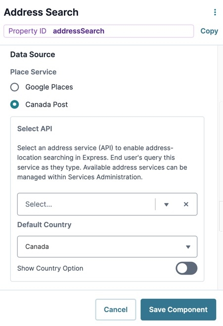 A static image displaying the Address Search component's Canada Post settings.