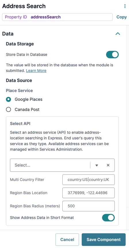 A static image displaying the Address Search component's Data settings.